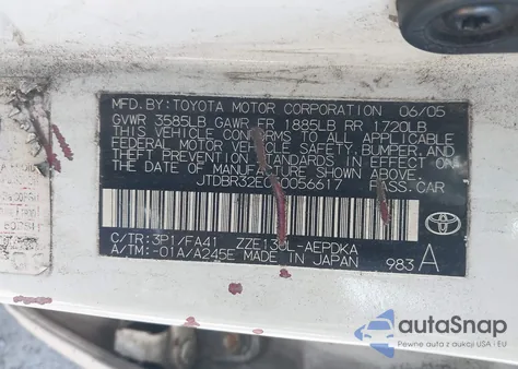 2005 Toyota Corolla Ce из США, поврежденный, VIN JTDBR32E050056617